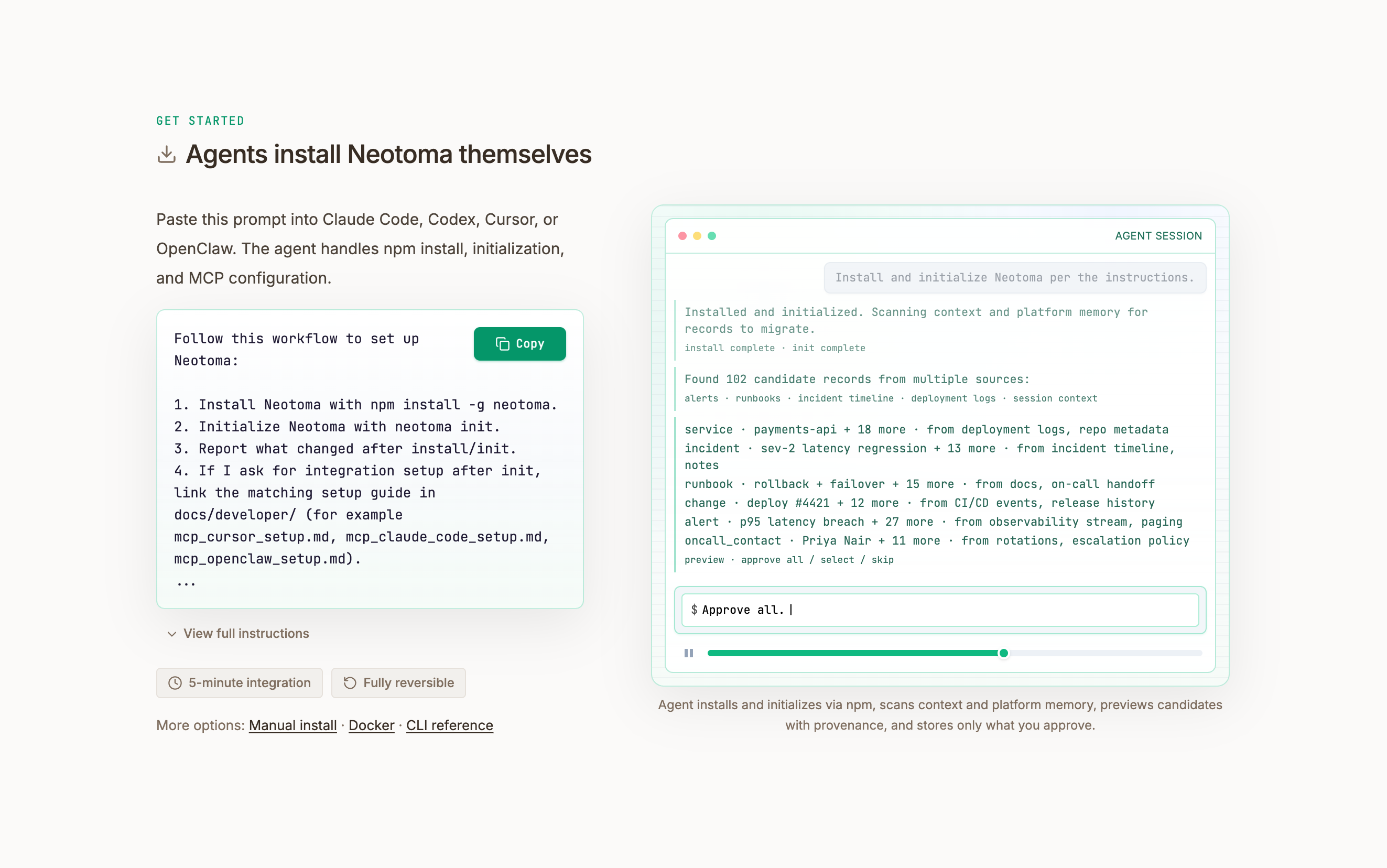 Screenshot: Agent install page with copy-and-paste instructions and agent session demo