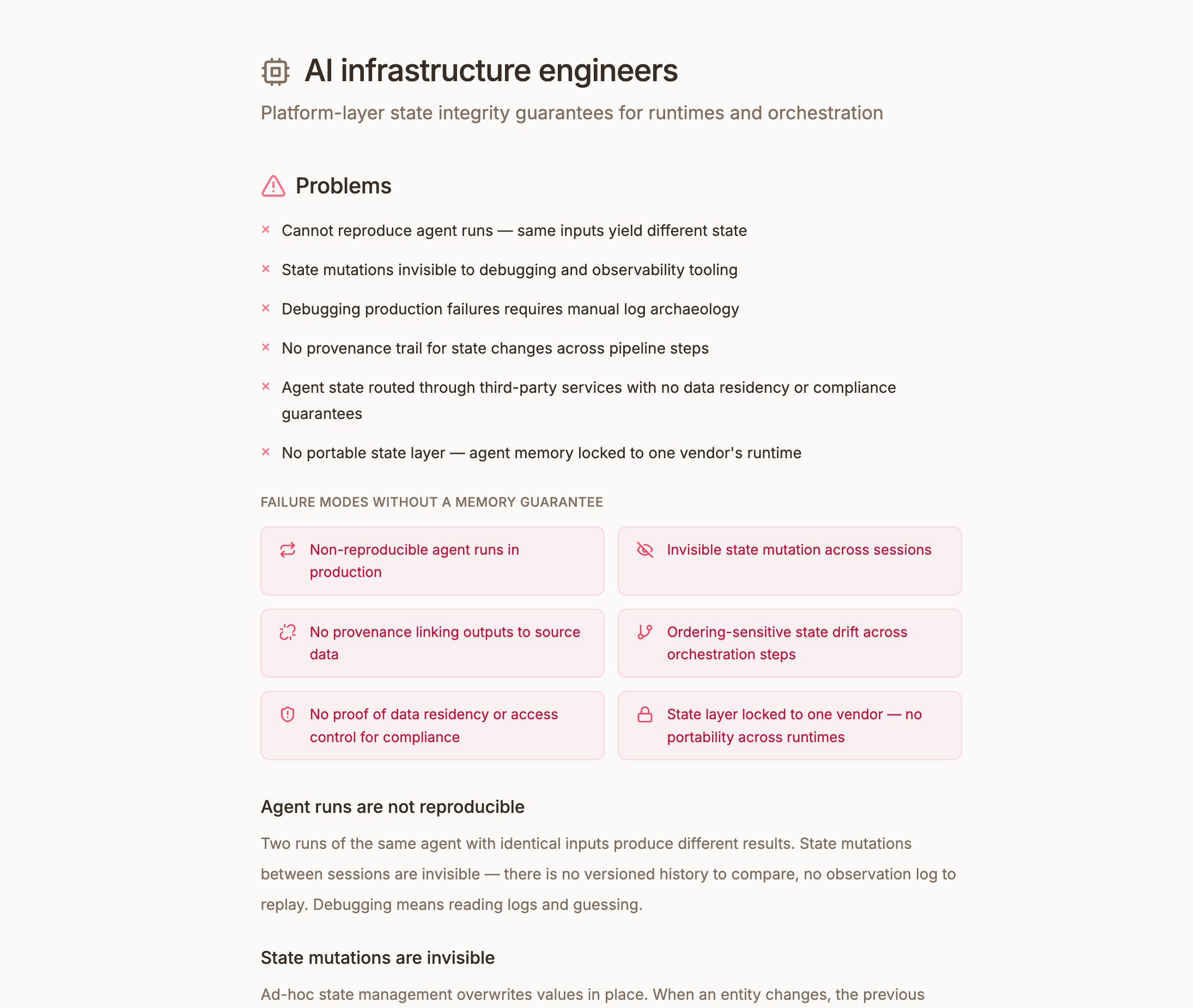 Screenshot: AI infrastructure engineers audience page showing failure modes and common data patterns