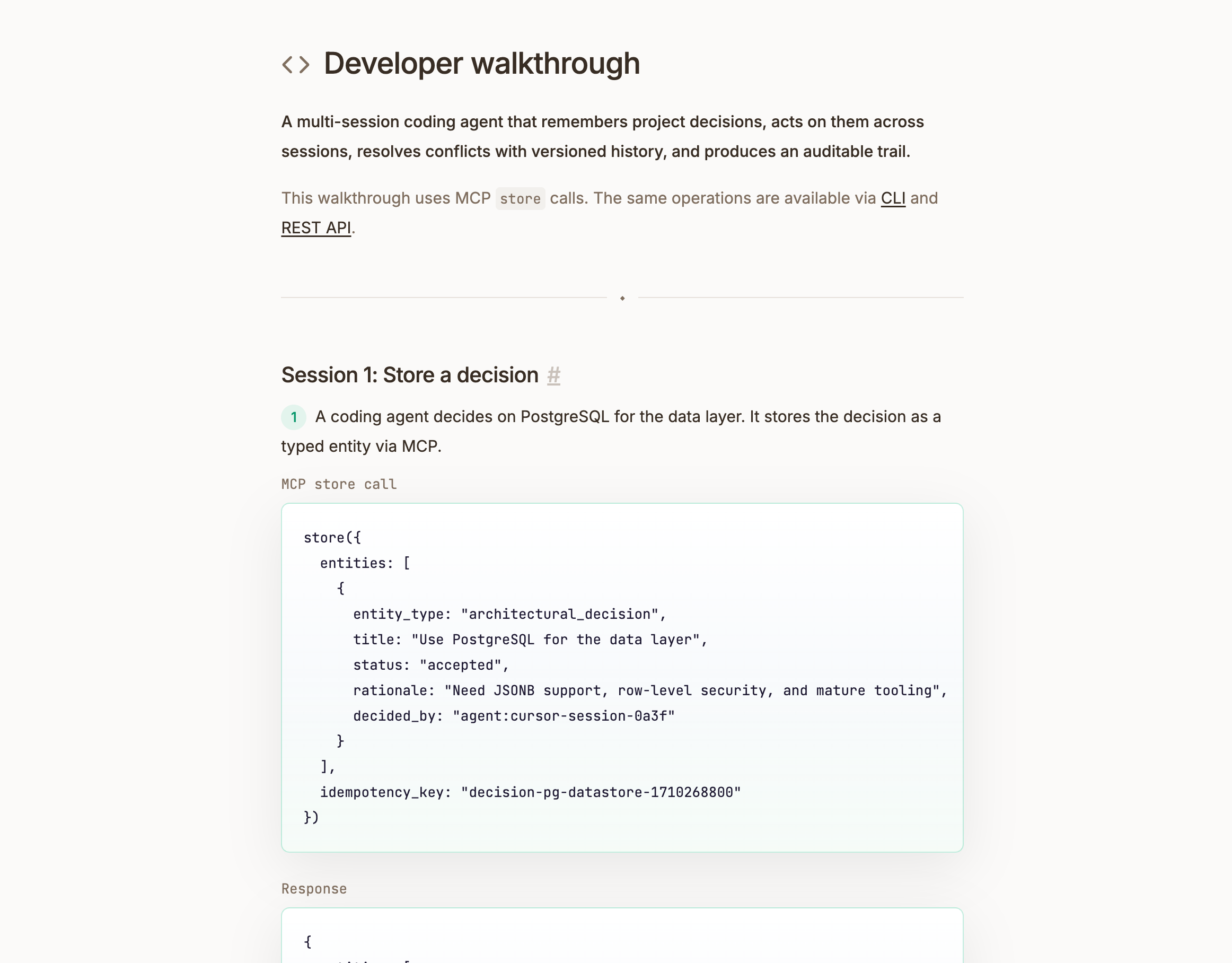 Screenshot: Developer walkthrough page showing multi-session MCP examples