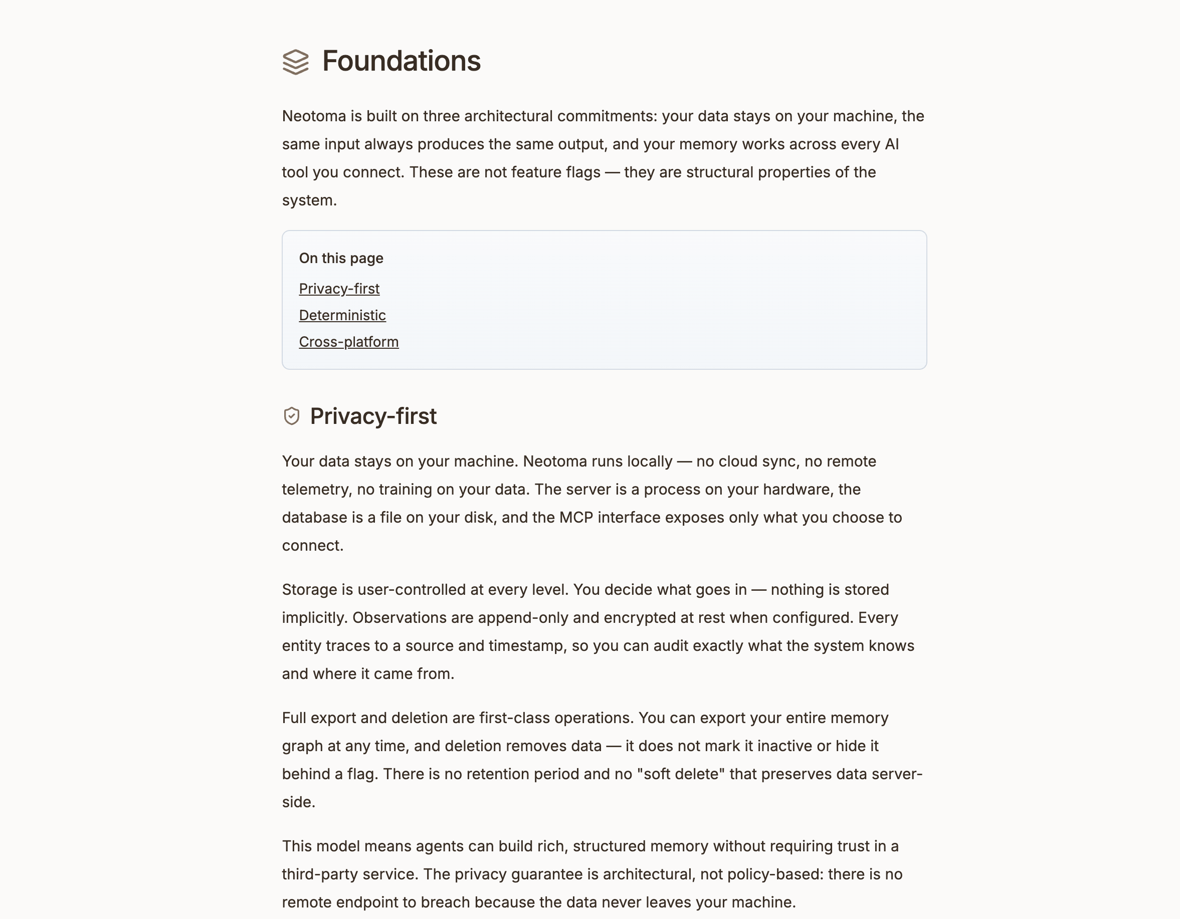 Screenshot: Foundations page showing privacy-first, deterministic, and cross-platform commitments