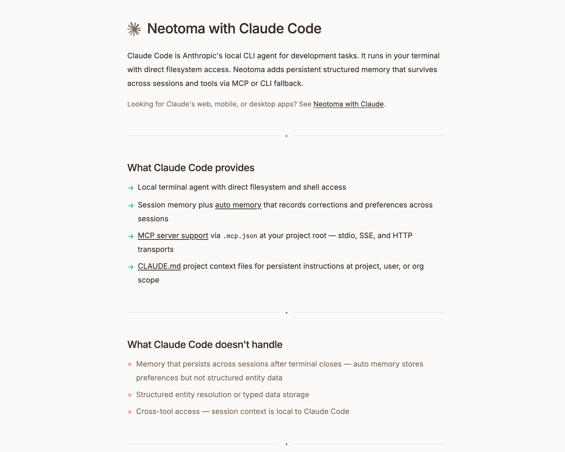 Screenshot: Neotoma with Claude Code integration guide