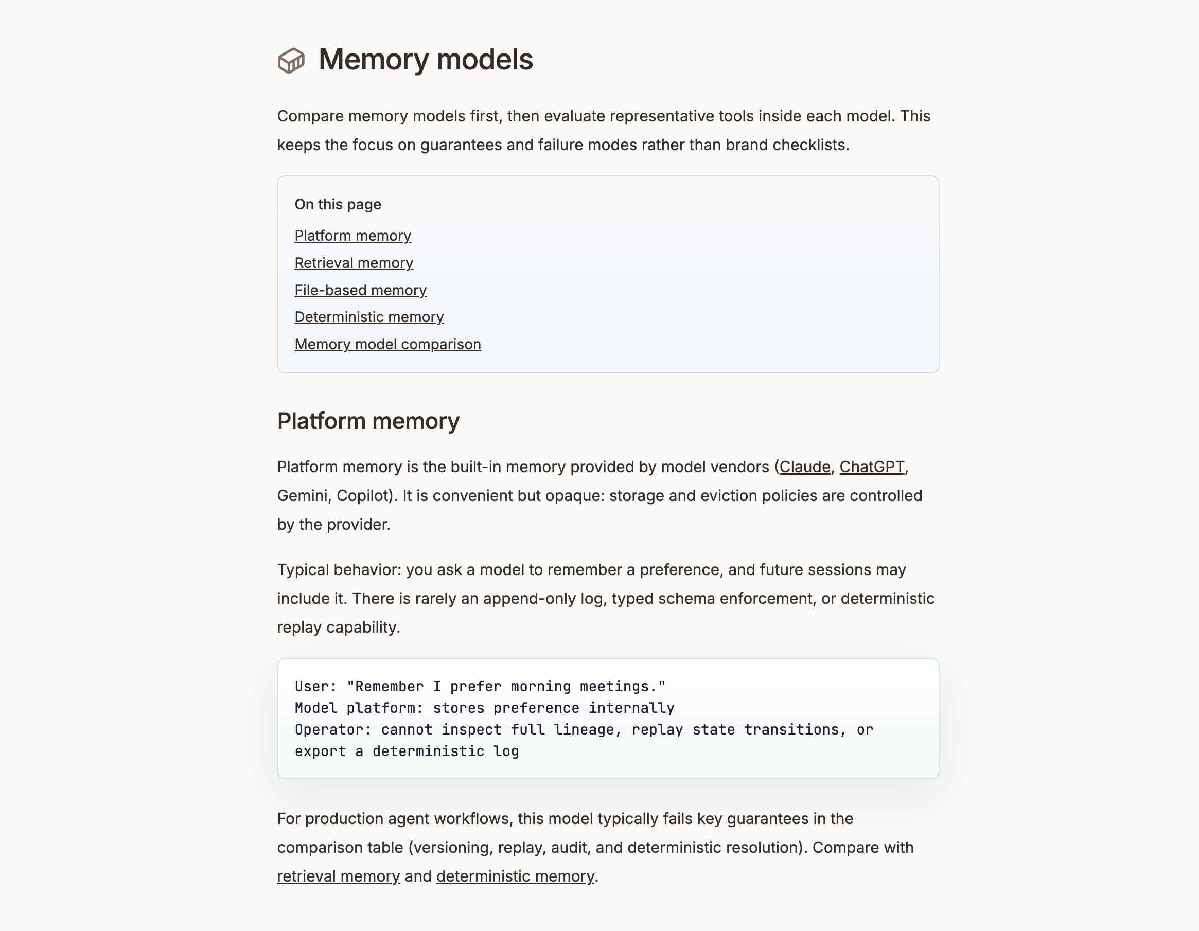 Screenshot: Memory models page showing platform, retrieval, file-based, and deterministic memory