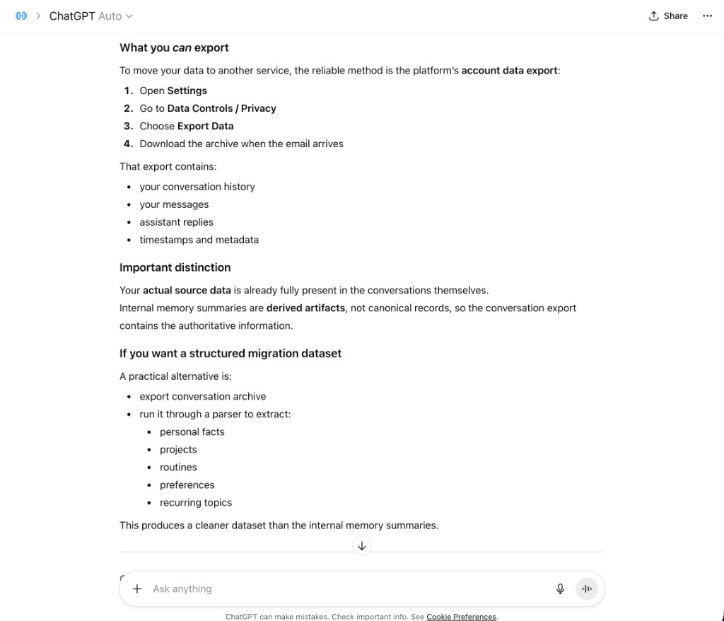 ChatGPT what you can export: account data and distinction from internal summaries