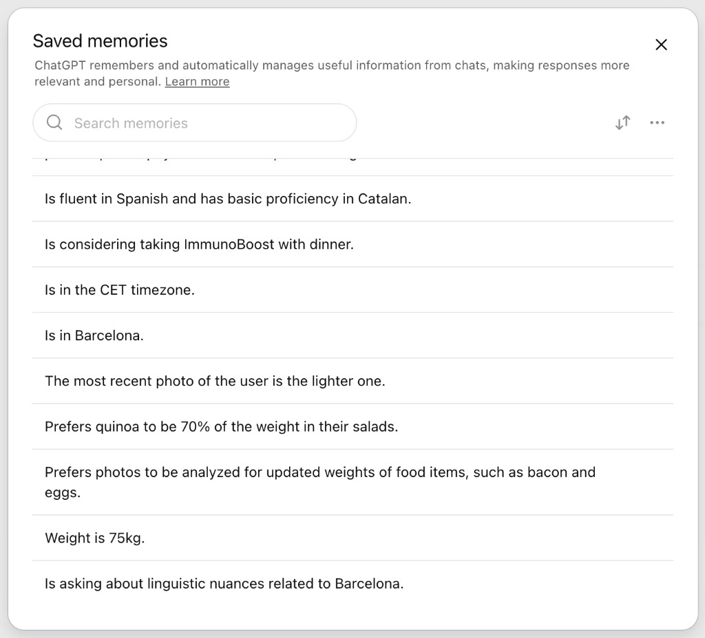 ChatGPT saved memories showing stale, surface-level entries