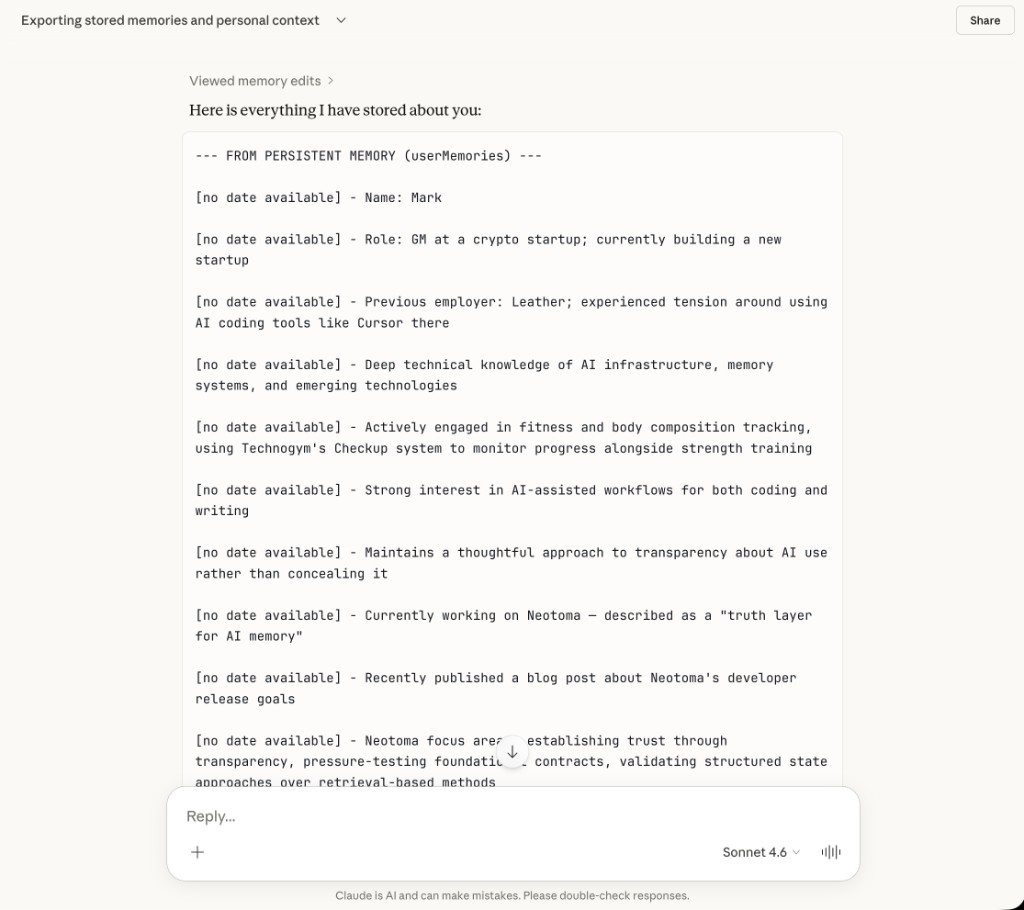Claude memory export showing profile-level snippets with no dates